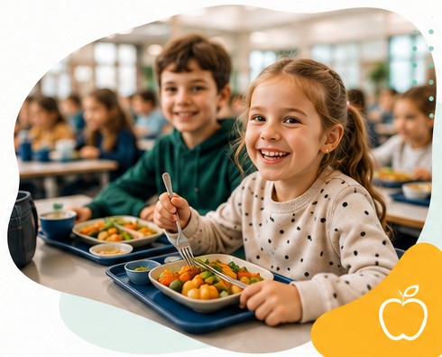 Leerling met een warme schoolmaaltijd