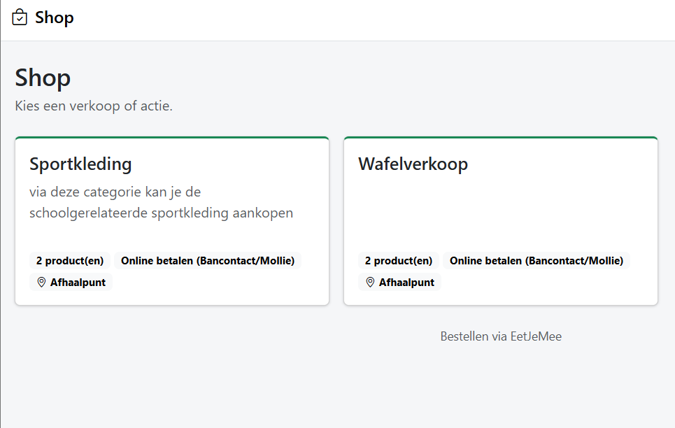 Bestaand Shop-scherm met categorieën sportkleding en wafelverkoop